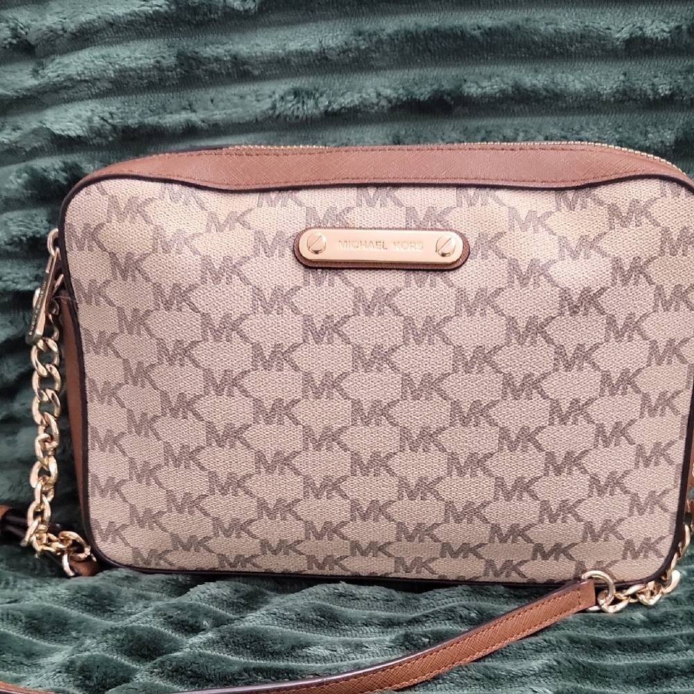 Michael Kors Tan and Brown Logo Crossbody Bag